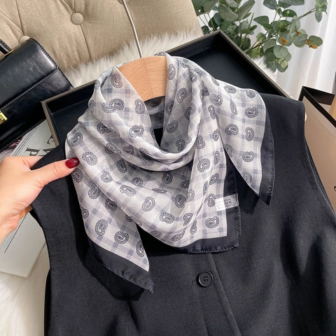 Elegant Paisley Grid Print Square Satin Scarf For Women Lightweight Polyester Neck Scarf Travel Daily Accessories