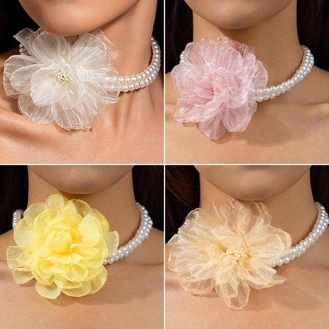 Double Layer Faux Artificial Pearl Choker Necklace With Oversized Organza Flower Statement Handmade Retro Elegant Jewelry Women