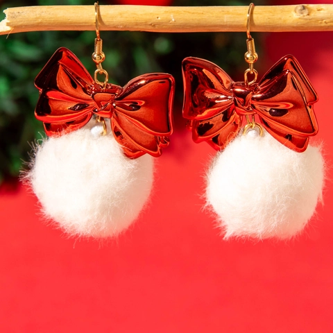 Festive Christmas Bowknot Pom Pom Earrings For Women Santa Claus Snowflake Christmas Tree Drop Earrings Holiday Party Jewelry