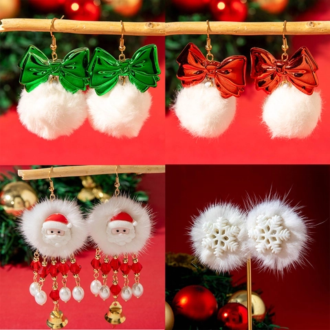 Festive Christmas Bowknot Pom Pom Earrings For Women Santa Claus Snowflake Christmas Tree Drop Earrings Holiday Party Jewelry