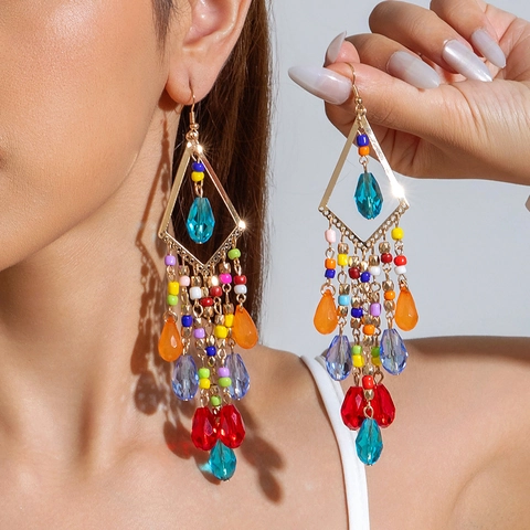 Orecchini Pendenti Nappa Boho Lega Cornice Geometrica Perline Vetro Colorate Lunghe Stile Etnico Donne