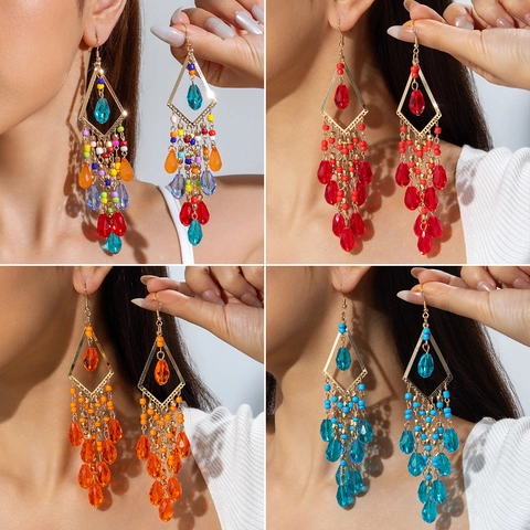 Orecchini Pendenti Nappa Boho Lega Cornice Geometrica Perline Vetro Colorate Lunghe Stile Etnico Donne