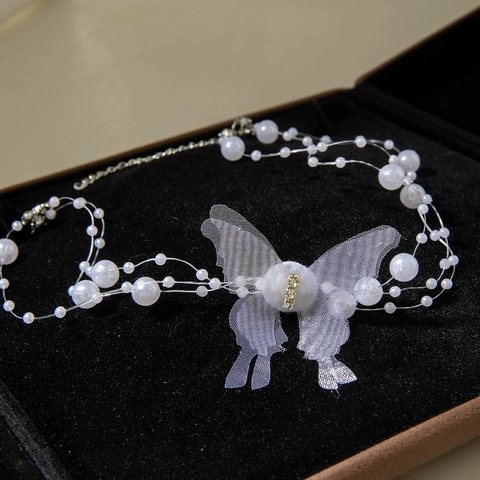 Collar Gargantilla De Perlas Artificiales De Imitación Capas Con Mariposa De Encaje Y Pedrería Joyería Elegante Para Mujer