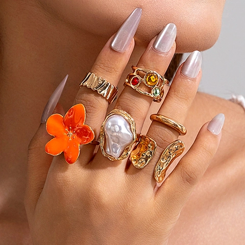 Retro Ring Set Legierung Imitation Künstliche Perle Blume Buntes Harz Geometrische Gehämmert Böhmisch Vintage Schmuck Damen