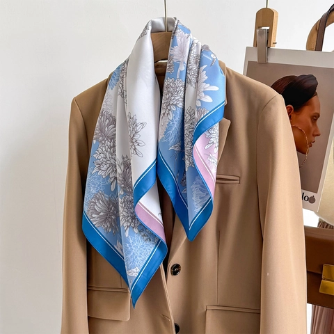 Floral Print Square Scarf Satin Like Polyester Satin Head Scarf For Women Office Lady Neck Wrap Elegant Fashion Accessory