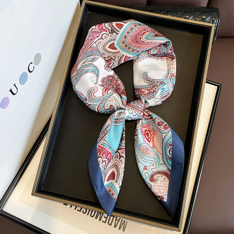 Women Satiny Square Scarf Polyester Twill Paisley Printed Elegant Fashion Neck Handbag Accessory