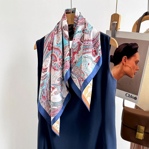 Women Satiny Square Scarf Polyester Twill Paisley Printed Elegant Fashion Neck Handbag Accessory