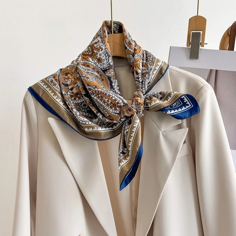 Paisley Flower Print Square Scarf Polyester Satin Like Satin Neck Wrap Women Vintage Office Business Accessory Elegant