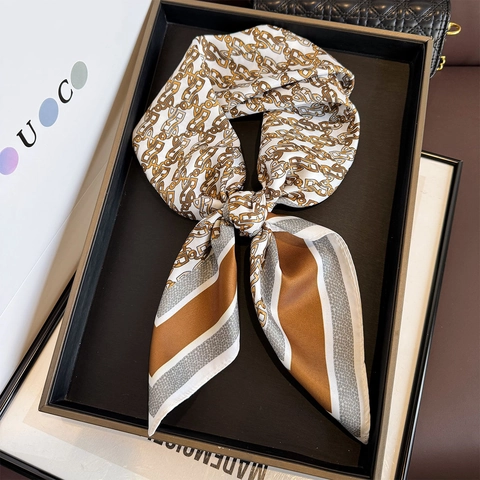 Women's Elegant Square Scarf Satin Feeling Chain Print Twill Satin Polyester Neck Wrap For Professional Suit Shirt