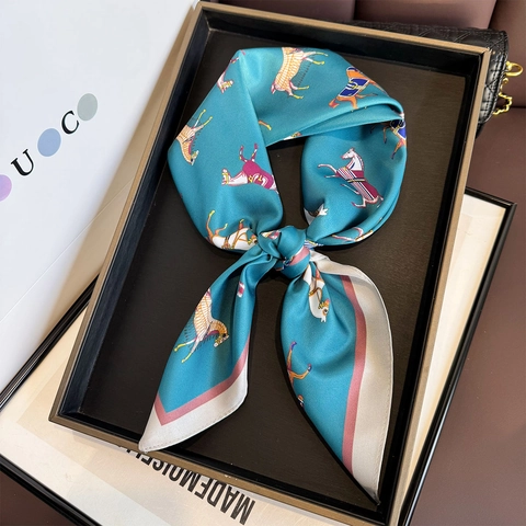 Elegant Women Square Satin Scarf Horse Equestrian Print Polyester Satin Decorative Hair Band Handbag Neck Wrap