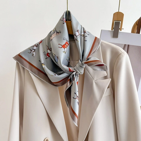 Elegant Women Square Satin Scarf Horse Equestrian Print Polyester Satin Decorative Hair Band Handbag Neck Wrap