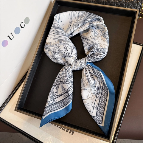 Women Elegant Square Scarf Polyester Satin Chinese Landscape Print Fashion Satin Feeling Neck Wrap Versatile Kerchief