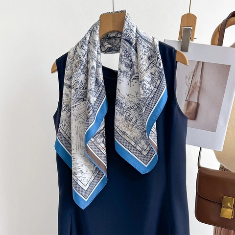 Women Elegant Square Scarf Polyester Satin Chinese Landscape Print Fashion Satin Feeling Neck Wrap Versatile Kerchief