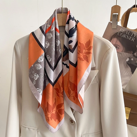 Elegant Floral Print Square Scarf Satin Like Polyester Twill Neck Head Hair Wrap Handbag Decorative Shawl Accessory Women