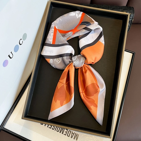 Elegant Floral Print Square Scarf Satin Like Polyester Twill Neck Head Hair Wrap Handbag Decorative Shawl Accessory Women