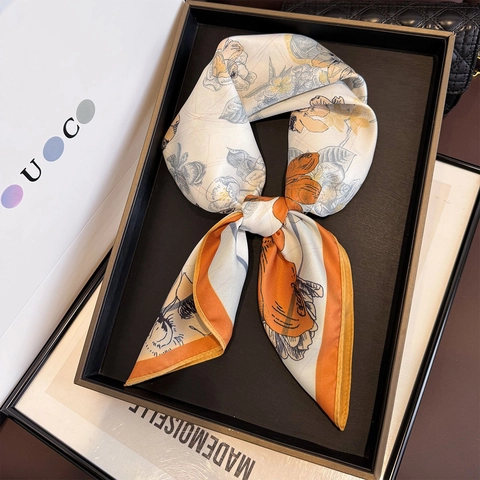 Square Satin Feeling Scarf Elegant Floral Bird Print Polyester Neck Wrap Fashion Headscarf For Women Professional Decor
