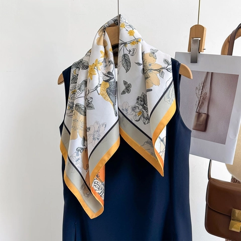 Square Satin Feeling Scarf Elegant Floral Bird Print Polyester Neck Wrap Fashion Headscarf For Women Professional Decor