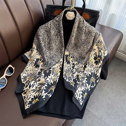 Elegant Large Square Satin Scarf For Women Floral Print Dotted Texture Satiny Polyester Shawl Fashion Office Neck Wrap
