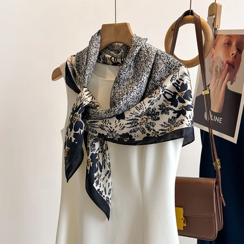 Elegant Large Square Satin Scarf For Women Floral Print Dotted Texture Satiny Polyester Shawl Fashion Office Neck Wrap