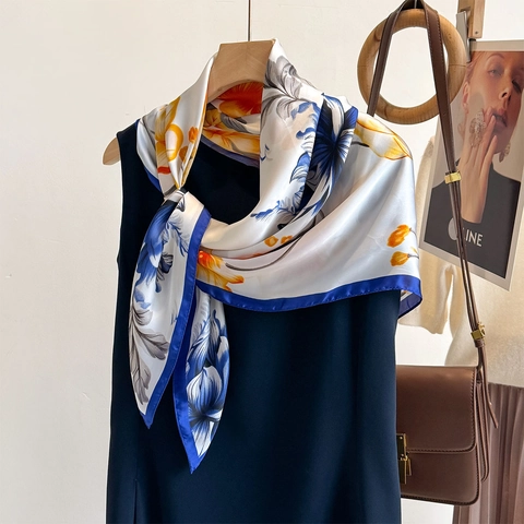 Elegant Floral Print Square Scarf Satin Feeling Satin Headscarf Women Large Fashion Elegant Neck Hair Ribbon Accessory