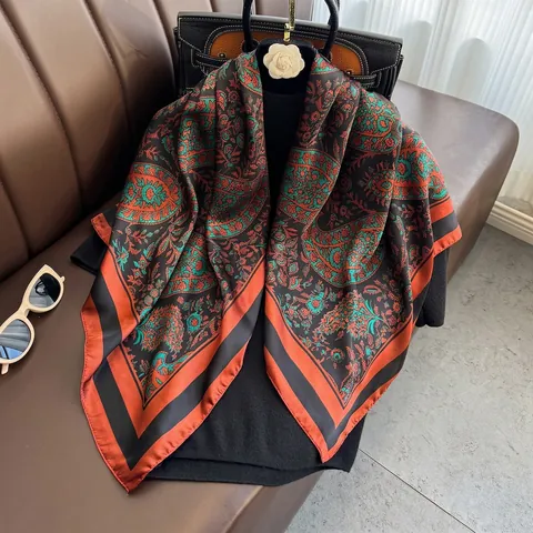 Paisley Floral Print Square Scarf Imitation Satin Polyester Shawl Sun Protection Retro Bohemian Style Neck Wrap For Women