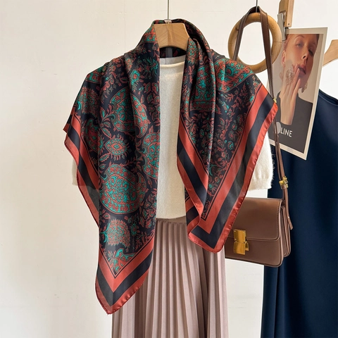 Paisley Floral Print Square Scarf Imitation Satin Polyester Shawl Sun Protection Retro Bohemian Style Neck Wrap For Women