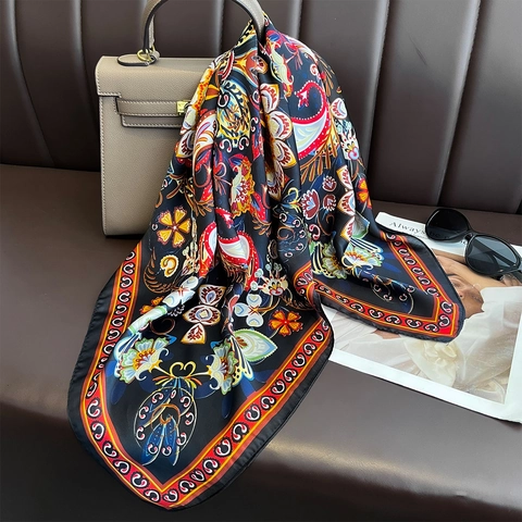 Eleganter Quadratischer Schal Satinnimitat Paisley Blumendruck Retro Kopftuch Halstuch Für Damen Büro Accessoire