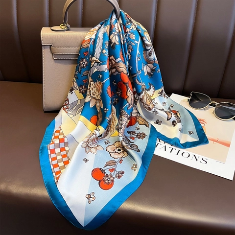 Foulard Quadrato Con Stampa Floreale Vintage Satin Raso Artificiale Sciarpa Collo Elegante Accessorio Leggero Donna
