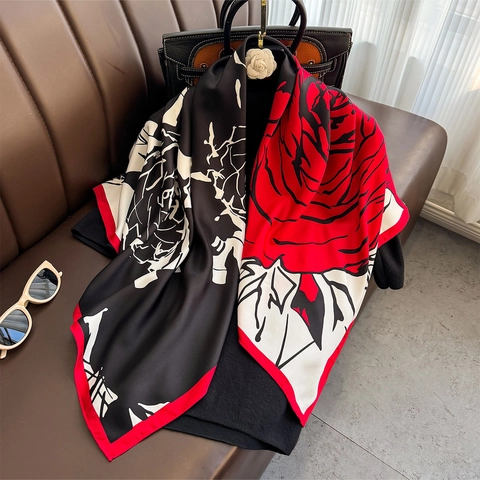 Foulard Quadrato Satin Stampa Floreale Astratta Vintage Stile Francese Retro Sciarpa Liscia Effetto Raso Per Donna