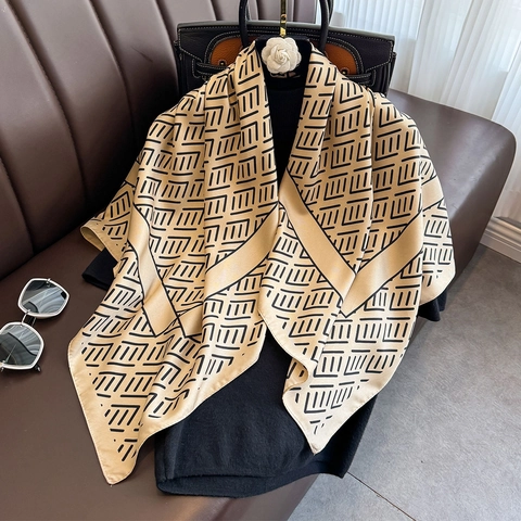 Geometric Stripe Square Scarf Polyester Satin Like Twill Neck Head Shawl Women Versatile Elegant Office Wrap