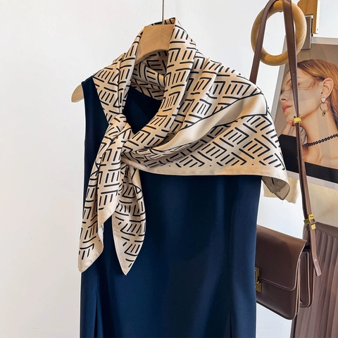 Geometric Stripe Square Scarf Polyester Satin Like Twill Neck Head Shawl Women Versatile Elegant Office Wrap