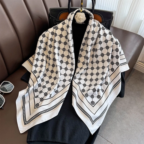 Large Square Scarf Polyester Satin Like Twill Geometric Floral Print Greek Key Border French Retro Elegant Women Wraps