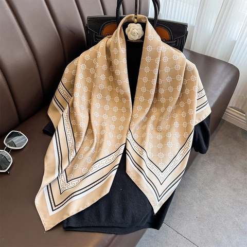 Large Square Scarf Polyester Satin Like Twill Geometric Floral Print Greek Key Border French Retro Elegant Women Wraps