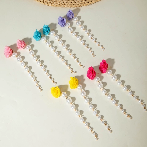 Lange Kwastje Hangende Oorbellen Stof Roos Bloem Gradiënt Imitatie Kunstparel Legering Elegante Sieraden Voor Dames