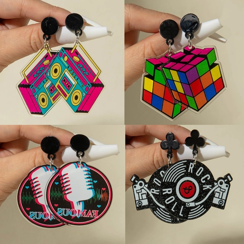 Vintage Retro Acrylic Earrings For Women Creative Hip-Hop Record Radio Rubik's Cube Cat Disco Ball Soccer Basketball Jewelry Earrings