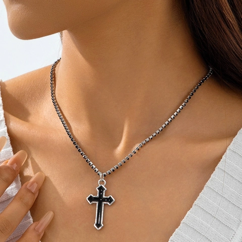 Gotische Mehrlagige Halsketten Kupfer Legierung Schwarze Strasssteine Kreuz Anhänger Punk Hip Hop Schmuck Für Herren Damen