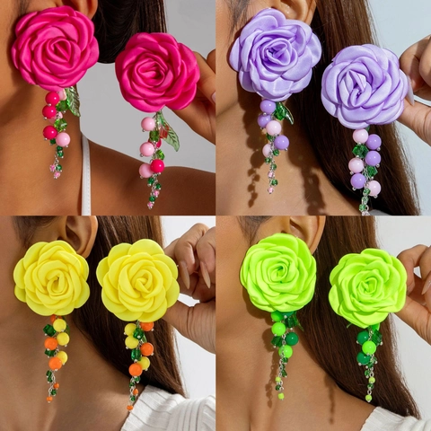 Satin Stoff Rosen Ohrhänger Für Damen Boho Lange Quasten Mit Bunten Resin Perlen Und Eisen Ohrring Pfosten