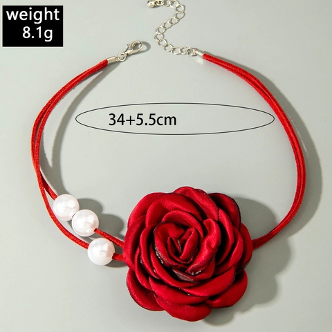 Handmade Fabric Rose Flower Choker Necklace With Artificial Pearls Retro Hepburn Style Adjustable Jewelry For Women