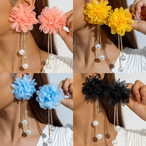 Pendientes Colgantes De Borla Flores De Tela Grandes Exageradas Cadena De Strass Elegante Perla Artificial De Imitación Estilo Hada