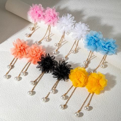 Pendientes Colgantes De Borla Flores De Tela Grandes Exageradas Cadena De Strass Elegante Perla Artificial De Imitación Estilo Hada