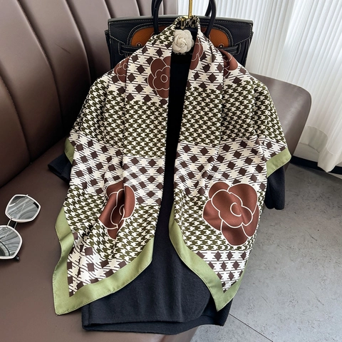 Elegant Square Scarf For Women Large Polyester Satin Shawl With Houndstooth And Camellia Print Lightweight Wrap