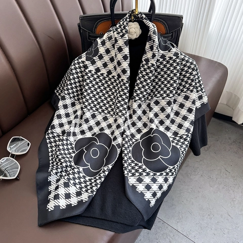 Elegant Square Scarf For Women Large Polyester Satin Shawl With Houndstooth And Camellia Print Lightweight Wrap
