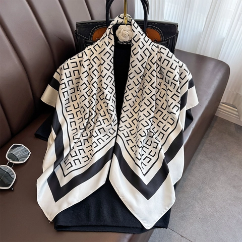 Women Elegant Square Scarf Satin Feeling Polyester Satin Geometric Grid Print Luxury Minimalist Shawl Headscarf Neckerchief