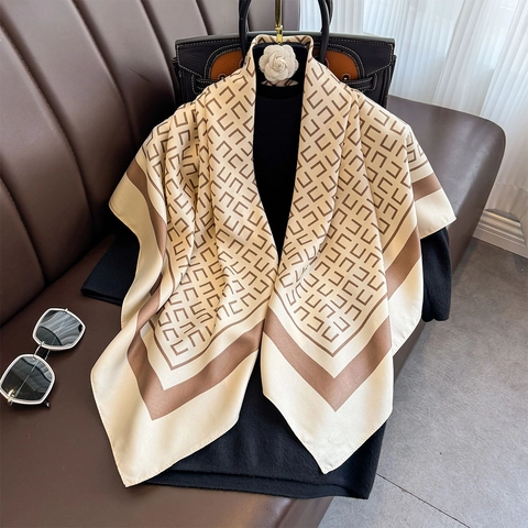Women Elegant Square Scarf Satin Feeling Polyester Satin Geometric Grid Print Luxury Minimalist Shawl Headscarf Neckerchief