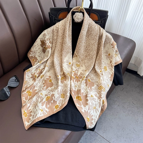 Square Scarf Satiny Twill Polyester Floral Print Retro Elegant Large Shawl Wrap For Women Fashion Accessory