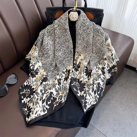 Square Scarf Satiny Twill Polyester Floral Print Retro Elegant Large Shawl Wrap For Women Fashion Accessory