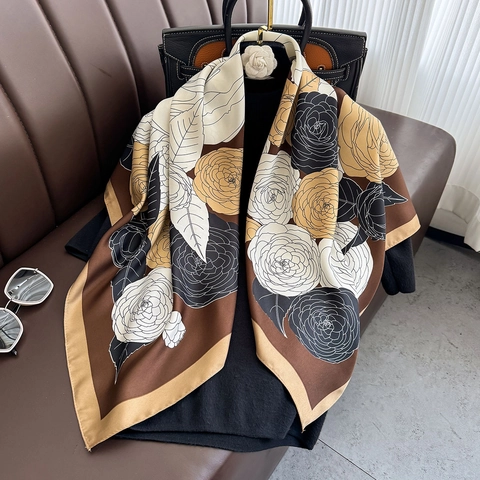 Women Vintage Camellia Print Large Square Scarf Satin Silky Headscarf Shawl Elegant Office Lady Neck Scarf 90x90cm