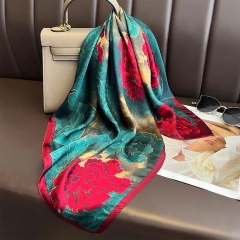 Floral Square Scarf Polyester Satin Feel Peony Print Sun Protection Fashion Versatile Commute Head Neck Wrap
