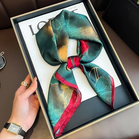 Floral Square Scarf Polyester Satin Feel Peony Print Sun Protection Fashion Versatile Commute Head Neck Wrap