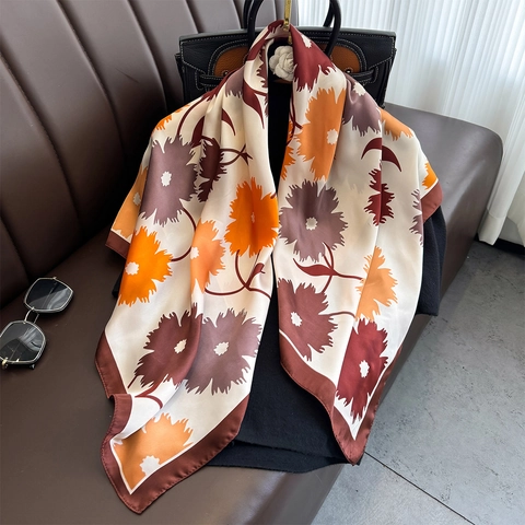 Floral Print Square Scarf Elegant Satin Feeling Satin Headscarf Versatile Sun Protection Shawl For Women